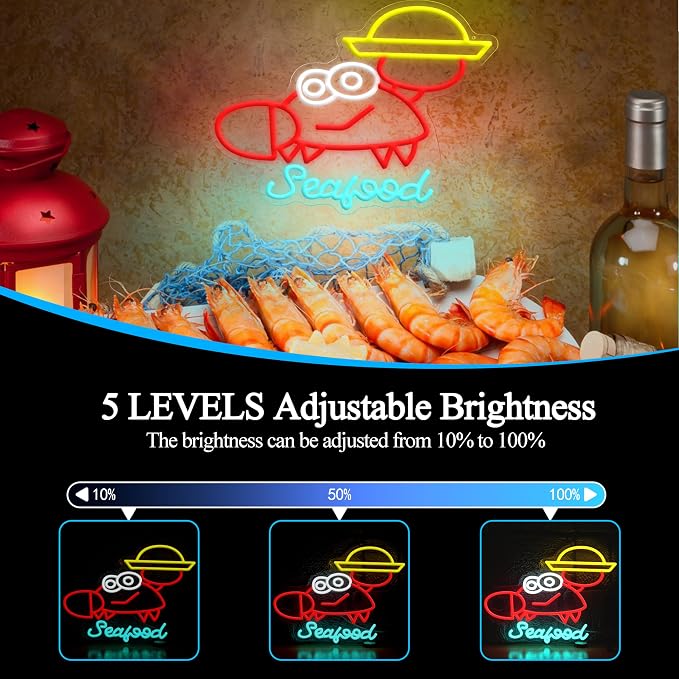 Seafood Neon Sign Dimmable Crab Neon Light Marine Animals Light Sign for Seafood Restaurant Aquarium Kitchen Outdoor Food Party(12.6 * 16.54In)