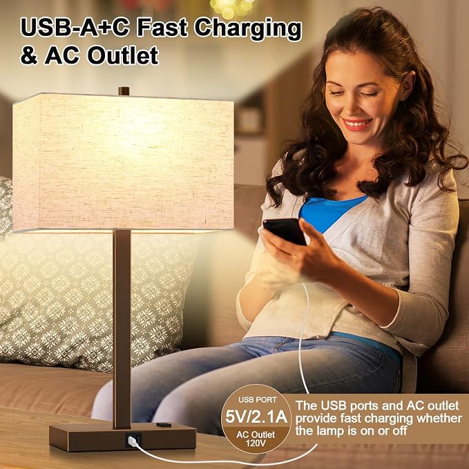 Lynnoland 21" Set of 2 Table lamp with USB A+C & AC Outlets, Touch Control 3-Way Dimmable Nightstand Lamps for Bedroom Living Room Office Reading, Line Shade Touch Lamps, 3000K LED Bulbs Included
