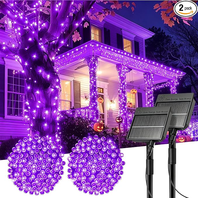 Minetom 2Pack Solar Halloween Lights Outdoor,Total 80FT 200LED String Light | Halloween Decoration Outdoor with 8 Modes, Black Wire, Waterproof Solar String Lights for Outside Tree Yard Party, Purple