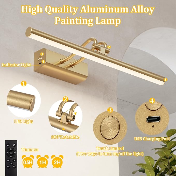 13.8'' Battery Operated Picture Light for Wall, Remote Control | 4000mAh Cordless,Gold Wall Light, Magnetic for Easy to Charge,Timers, Display for Gallery Living Room Bedroom