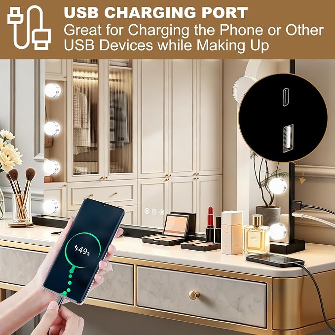 Ratsamee Black Hollywood Vanity Mirror with Lights, 17 Dimmable Bulbs, 3 Color Lights,Make Up Lighted Mirror, Aluminum Metal Frame, USB Charging Port（26" x 20"）