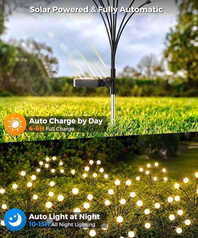 6 Pack Solar Garden Lights 48 LED, Solar Lights Outdoor Waterproof IP65, Decorative Garden Lights Solar Powered for Yard Patio Pathway Decor, Outside Fairy Firefly Lights Garden Gifts