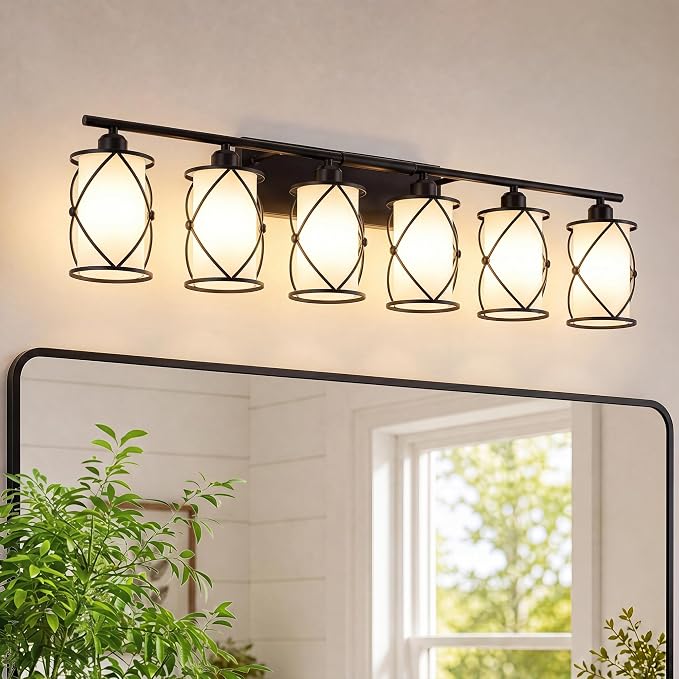 6-Light Matte Black Bathroom Light Fixtures Over Mirror, 42" UL-Listed Modern Farmhouse Wall Sconce Lights with Milk White Frosted Glass and Metal Cage for Bath, Hardwire E26, CH9176BKW-6W