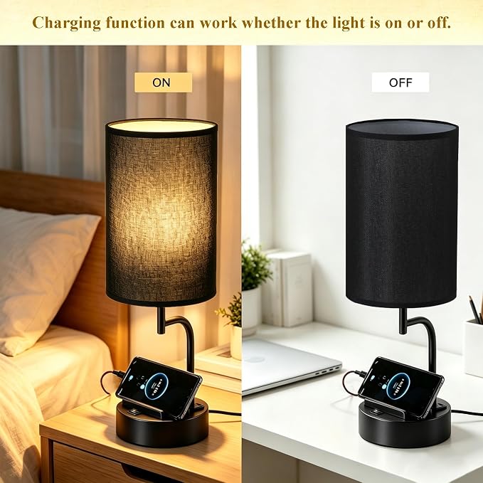 Dreamholder 2 Pack Table Lamp, Bedside Lamp with 3 USB Charging Ports & AC Outlet, USB Desk Lamp with 2 Phone Holders, Linen Fabric Shade Nightstand Lamps for Bedroom Living Room Office, Black Shade