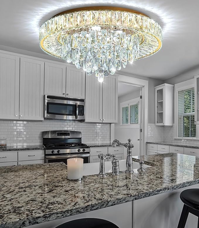 23.6" Modern Crystal Chandeliers LED Dimmable Flush Mount Ceiling Chandeliers for Living Room Entrance Foyer Bedroom Gold