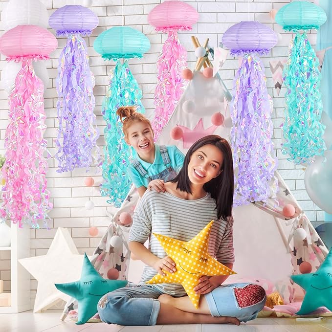 ADLKGG Jellyfish Paper Lanterns, Under The Sea Party Decorations, 6pcs Hanging Jelly Fish for Mermaid Ocean Themed Birthday Party Decorations, Baby Shower Classroom Decor (Blue Pink Purple）