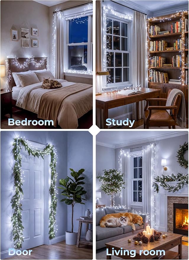 Flowing Fairy Lights Plug in with 14 Modes, 10FT 388LED Twinkle String Lights Indoor, Christmas Tree Lights Indoor Waterproof for Bedroom Christmas Home Room Decor, Cool White