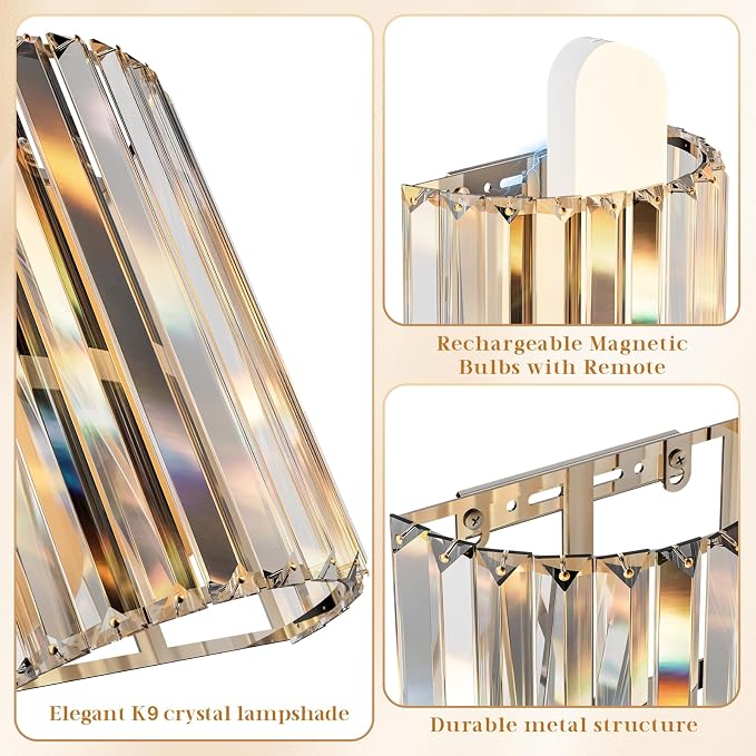 Brushed Nickel Battery Operated Wall Sconces Set of 2, Crystal Wireless Wall Light with Remote, Rechargeable Cordless Wall Lamp 12 RGB and 3 CCT Dimmable Decor for Bedroom Living Room