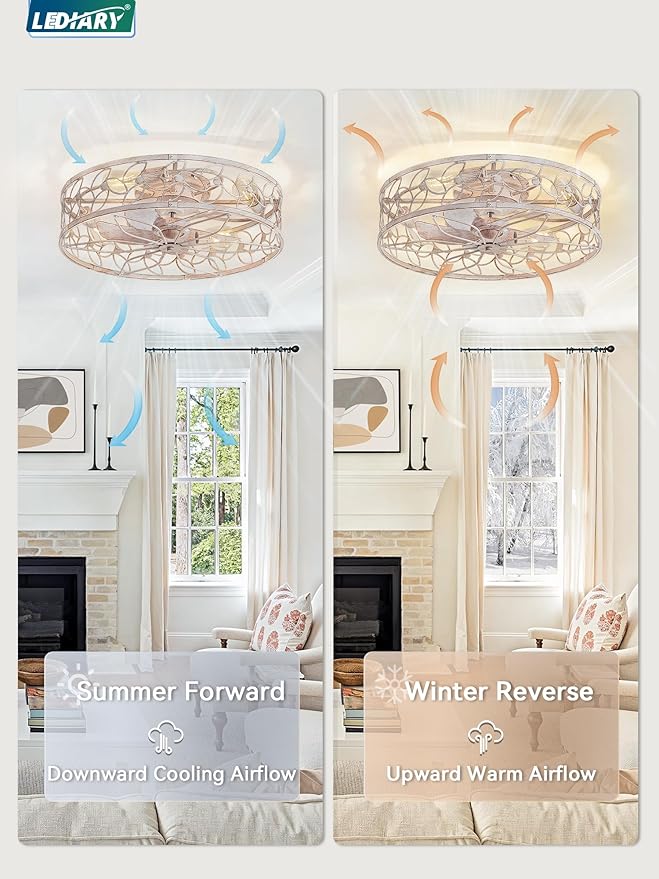 LEDIARY 23" Caged Ceiling Fan with Light, Flush Mount Fandalier with Remote | Low Profile, Farmhouse Large, Bladeless Industrial, Quiet DC Motor, App Control for Bedroom, Kitchen, Dining Room, White Gold