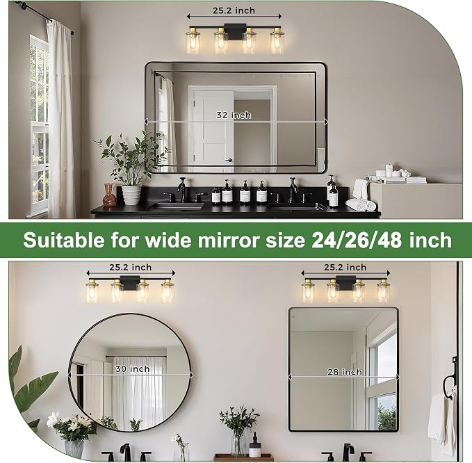 4-Light Black and Gold Bathroom Vanity Light Fixture Over Mirror | Modern Vanity Light Fixture, E26 Vanity Light Fixture With Clear Glass Shade, Wall Sconce for Hallway Bedroom Living Room