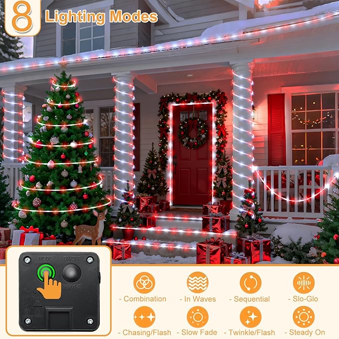 33FT 135LED Solar Rope Lights Waterproof, Red and White Solar String Lights for Outside 8 Modes, Solar Powered Fairy Lights for Party Garden Yard Home Holiday Decorations