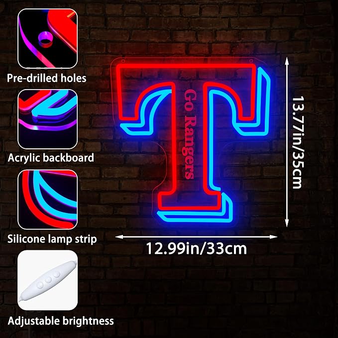 Baseball Neon Sign for Wall Decor Texas Baseball Neon Light for Man Cave | Dimmable Led Neon,Fans Birthday Baseball Gifts,5V USB Powered, Men's Bedroom,Sport Bar Decor,Club,Garage Wall Art,13.8*11.8in