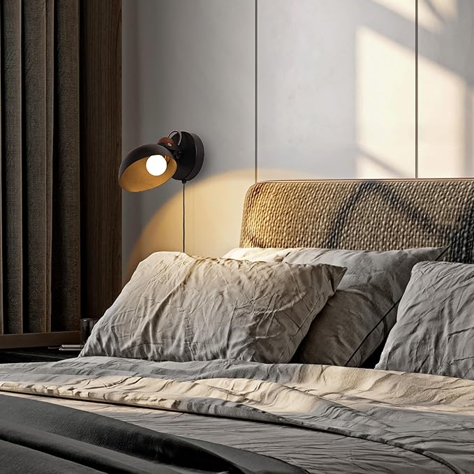 Aisilan Plug Wall Sconce Black Bedroom Wall Sconces Modern Adjustable Wall Lamp with E12 Bulb Wooden Indoor Wall Lighting for Bedside Living Room Hallway Reading 5W 3000K