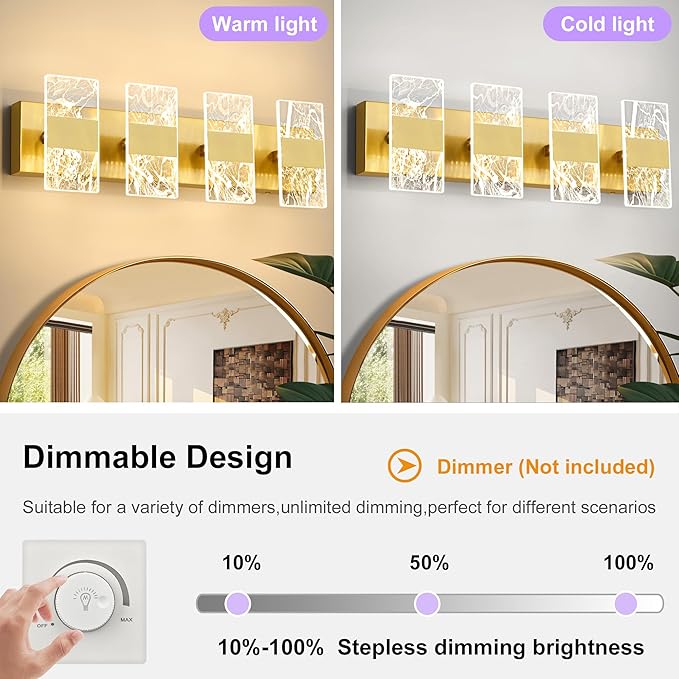 Modern LED Bathroom Light Fixtures Dimmable 4-Light Gold Vanity Light, 5CCT Adjustable Lighting Fixture Vanity Lights Over Mirror, Smoked Acrylic LED Vanity Lights for Bathroom