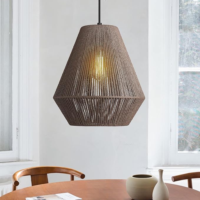 ELYONA 12” Woven Japandi Pendant Light for Kitchen Island Boho Hanging Lamp with Handwoven Rattan Basket Shade Adjustable Pendant Light Fixtures for Dining Room Bar Bedroom Foyer Hallway Dark Brown