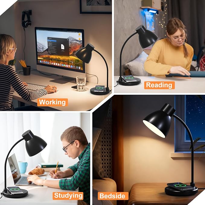 LED Desk Lamp for Home Office with Wireless Charger, Black | 3 Color Modes Dimmable Eye-Caring Study Reading Dorm Desk Lamp, 360° Flexible Arm Table Lamp for College Dorm Room, 800 Lumen