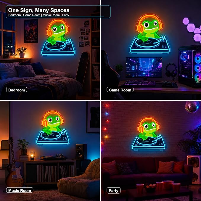 Frog DJ Neon Sign, Music Neon Signs for Wall Decor, Cute LED Light Up Sign for Bedroom, Game Room, Man Cave, Bar, Studio and Party Decor, USB Powered Dimmable Funny Wall Art Gift for DJ Music Lovers