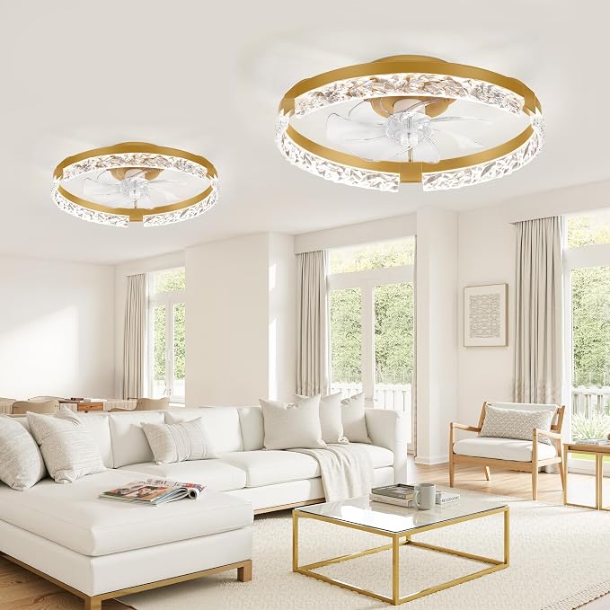 LEDIARY 2 Pack 20" Modern Ceiling Fans with Lights and Remote, Gold | Fandelier, Dimmable Low Profile, Flush Mount, Stepless Color Temperature Change, 6 Speeds, Bedroom, Living Room, Kitchen