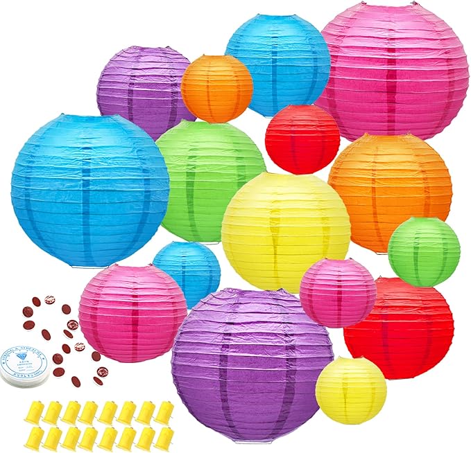 Hanging Paper Lanterns Decorative, Rainbow Colorful Chinese Paper Lanterns Ceiling Party Decorations with 16 LED Lights for Fiesta Mexican Party Baby Shower Birthday Wedding Anniversarie, Pack of 16