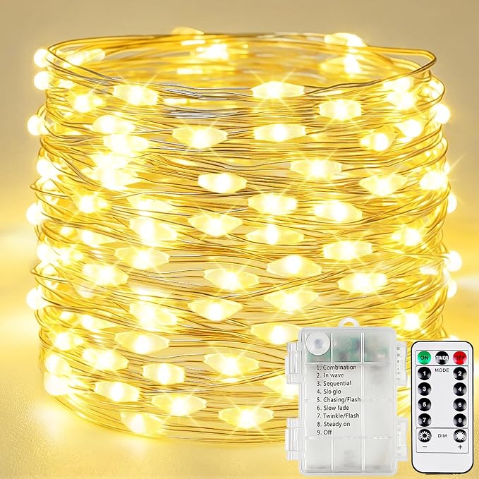 66 FT 200 LED Fairy Lights Battery Operated with Remote Timer Warm White | 8 Modes, IP44 Waterproof, Flexible Copper Wire, Super Long Battery Fairy Lights Indoor Outdoor for Christmas Garland Decor