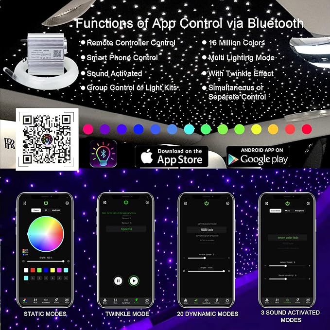 AKEPO Upgraded 10W Twinkle+Music Effect+APP Control Fiber Optic Lights kit for Star Ceiling Sky Light Car/Home, RGBW Light Engine+Optical Fiber Cable 295pcs of 9.8ft/3m(0.03+0.04+0.06in)+28key Remote