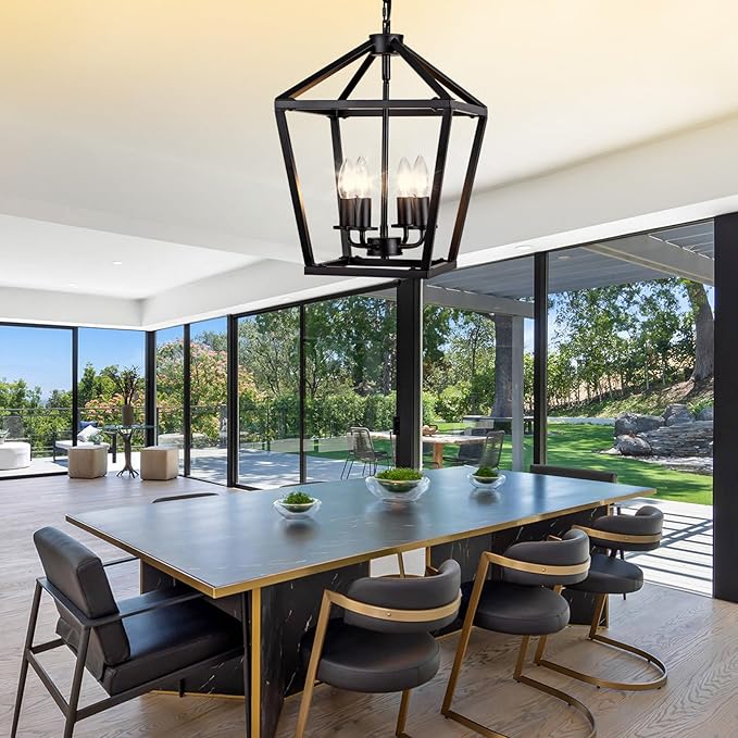 4-Light Black Pendant Lights Kitchen Island, 12 Inch Farmhouse Pendant Light, Adjustable Height Iron Lantern Black Pendant Light Fixtures, Cage Farmhouse Chandelier Island Lights for Kitchen Foyer