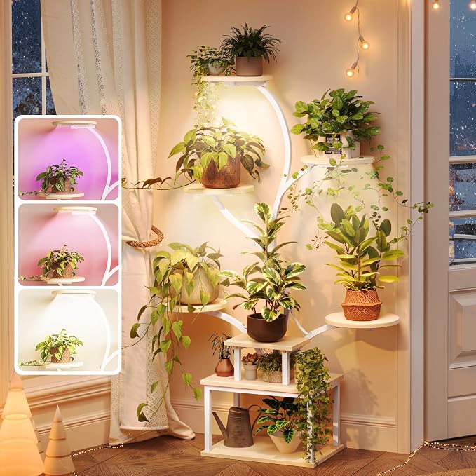 51 Inch Plant Stand with Grow Lights, 8 Tiered Indoor Plant Shelf | Corner Plant Rack with Larger Flower Holder, Curved-tubed Design, 3 Light Modes, for Living Room, White