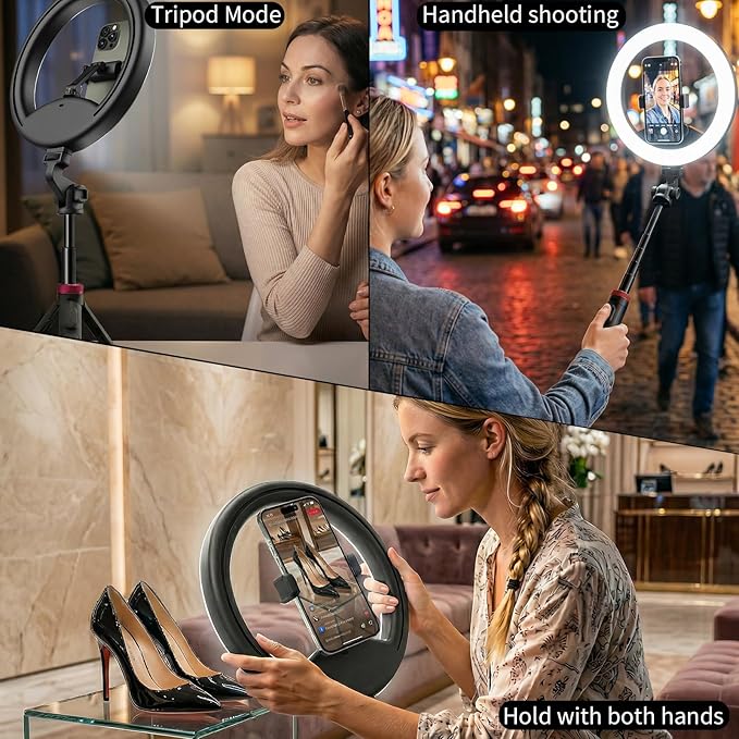 10''Selfie Ring Light with 64''Tripod Stand,Rechargeable Ring Light with Phone Holder and Remote Control,Adjustable Color Temperature and Brightness,5000mAh Battery,Live Streaming,Makeup,Travel,Gaming