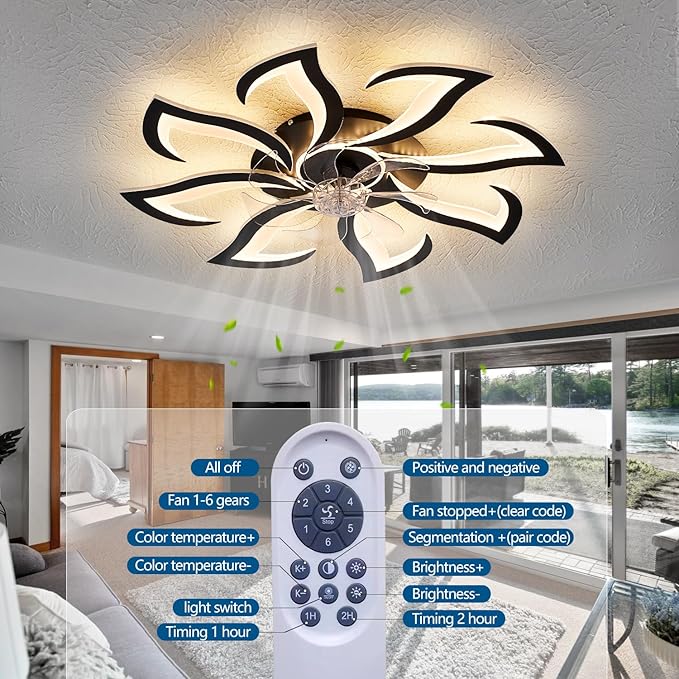 Modern Ceiling Fan with Lights and Remote Control, 32" Black Flush Mount Fan with 3 Light Colors, 6 Speeds, Low Profile for Kitchen and Bedroom