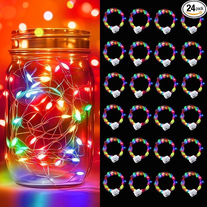 24 Pack Multicolor LED Fairy Lights with Vibrant Red Beads, Battery Operated String Lights, 7 ft 20 LED Waterproof Firefly Lights on Silver Wire for Home Party Wedding Christmas Decorations
