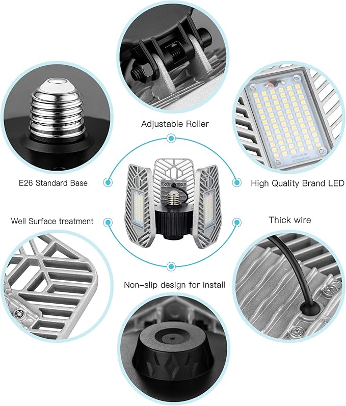 LED Garage Lights, Deformable Ceiling Light 9000 Lumens, 82W CRI 80 Shop Light, Adjustable Garage Lights, Led Lighting (No Motion Activated) (1-Pack)