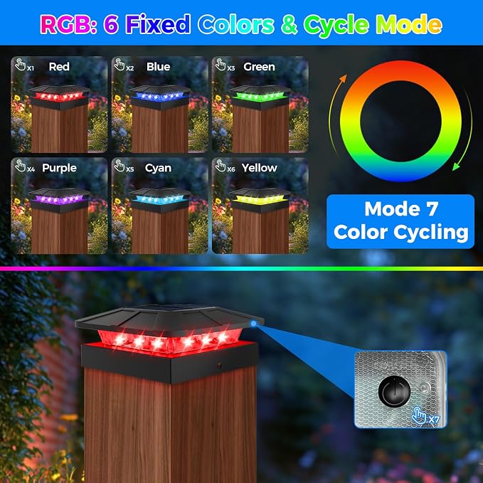 12 Pack 4x4 Solar Post Cap Lights Outdoor RGB Color Changing | Post Top Light Fit 4x4/3.5×3.5 Wood & Vinyl Posts, Waterproof Caps Lighting for Outside Fence Deck Porch Yard Mailbox
