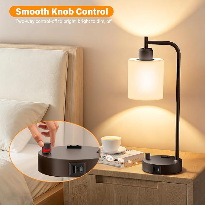 Industrial Table Lamps with Linen Shade, Set of 2 Fully Dimmable Bedside Lamps with USB A+C Ports and Outlet, Brown Nightstand Desk Lamps for Bedrooms Living Room Office, 2 LED Bulbs Included