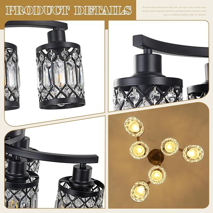 CNRATYE 6-Light Black Crystal Chandelier, Farmhouse Dining Room Chandelier | Elegant K9 Crystals & Durable Metal Frame. Height Adjustable (17.6"-59"). Dimmable. Ideal For Kitchen Islands Foyers Bedrooms