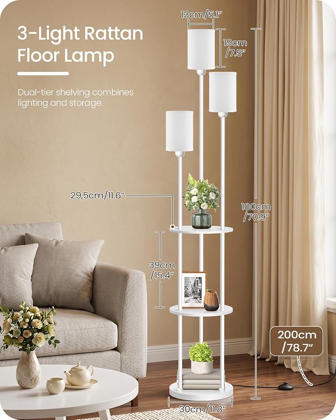 Floor Lamp with Shelves, Modern Floor Lamp with 3 Linen Shades and Foot Switch, 3-Light Standing Lamp, for Living Room, Bedroom, Study, Office, White W53LD05