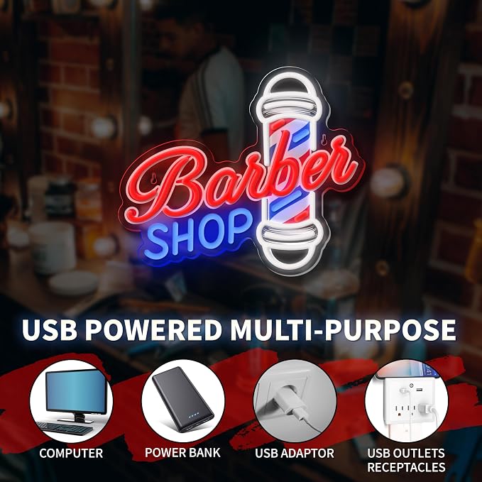 Barber Shop Neon Sign for Wall Decor,LED Hair Salon Light Sign for Hair Beauty Salon Store, USB Powered Led Barber Sign Decor for Barbershop, Man Cave, Garage