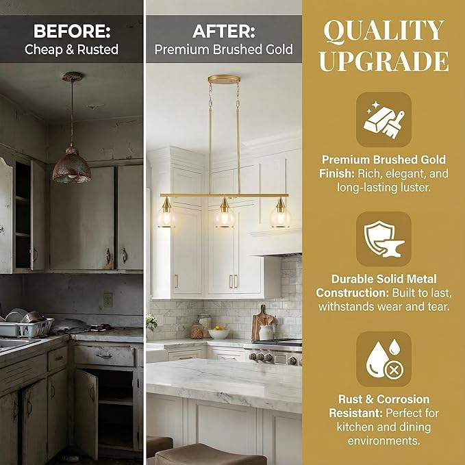 Kitchen Island Linear Pendant Light, 3-Light Gold Dining Room Chandelier with Clear Glass Globe Shades, Modern Linear Lighting Fixture Over Table