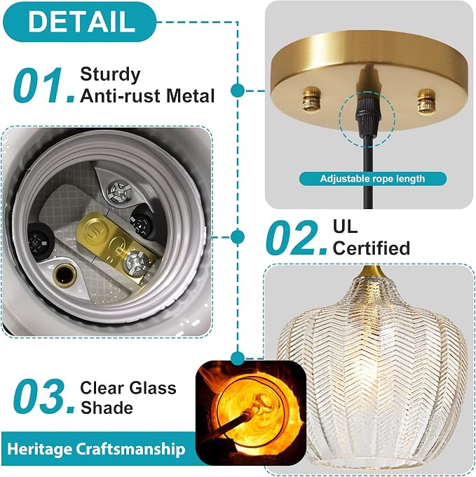 Clear Glass Pendant Lights Kitchen Island 2 Pack Gold Hanging Ceiling Light | 9.45" Adjustable Height, Dimmable, E26 bulbs, Rust-resistant Damp Rated For Bathrooms, 5-Year Warranty, UL Certification