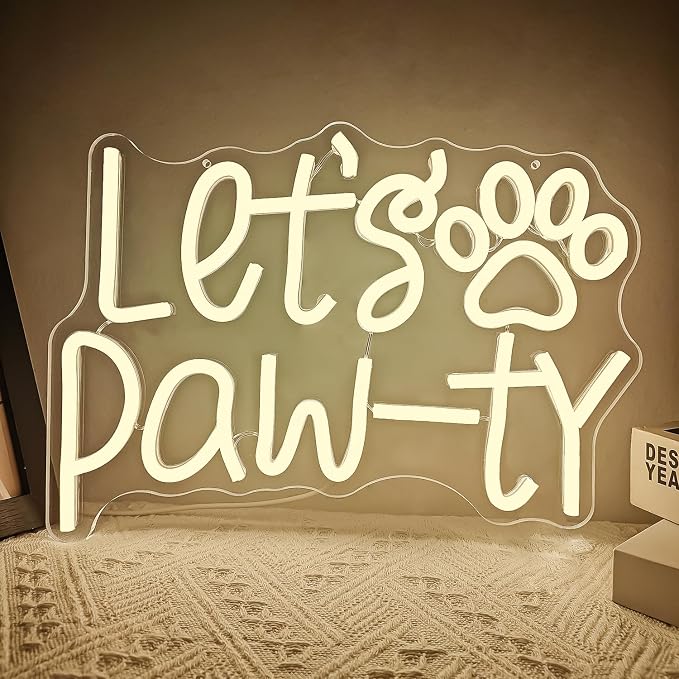 Lets Pawty Neon Sign Party LED Neon Lights Dimmable Cat Dog Party Birthday Neon Lights for Wall Decor Pet LED Signs for Dog Birthday Party Light Up Sign Home Wall Pet Party Decorations