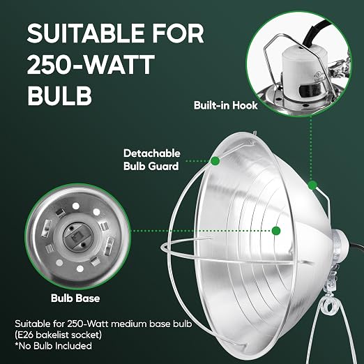 HealSmart 10.5" Clamp Light Socket and Bulb Guard, 250-Watt Maximum with 6 Feet 18/2 SPT-2 Cord, Aluminum Reflector E26 (no Bulb Included), for Reptiles and Plants Growing, (Pack of 1)