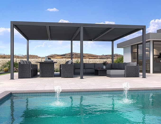 PURPLE LEAF Louvered Pergola 94AS 14' x 20' Large 53mph Wind Resist Gray | Four Adjustable Roofs Provide Full Sun Control, Reinforced 5.12-Inch Beams, All-Aluminum Rustproof Build.