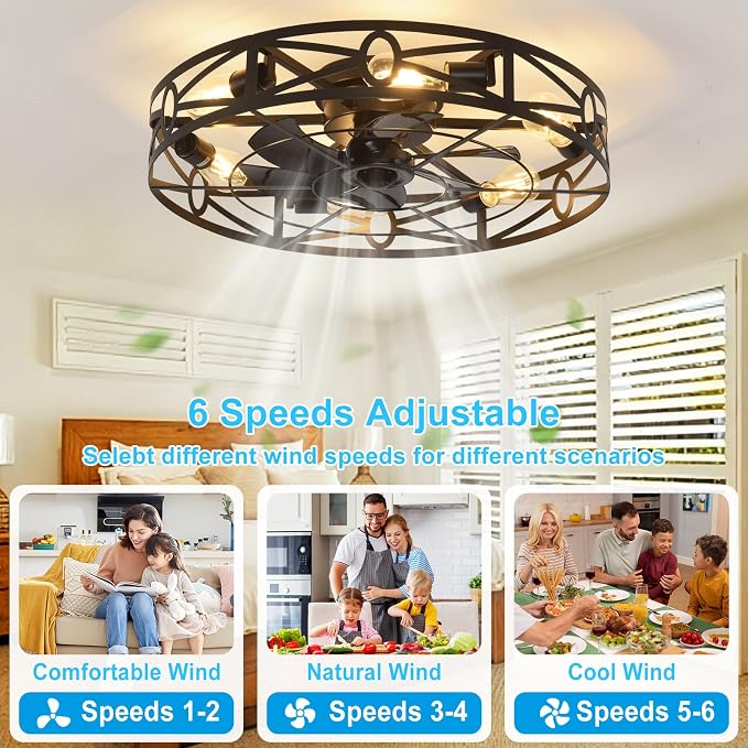 Depuley Flush Mount Ceiling Fan: 24" Caged Ceiling Fans with Remote Control for Patio Kitchen Bedroom - Low Profile Fandelier Lights Fixture Reversible 6 Speed Timer Black 6*E26 Bulb Not Included