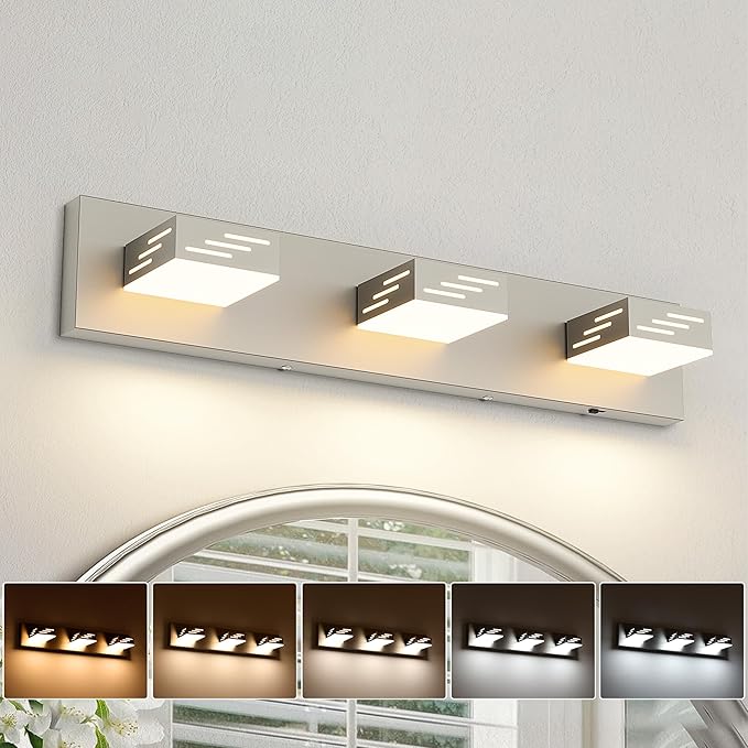 Joosenhouse 3-Light Brushed Nickel Bathroom Vanity Light, 23.6-Inch 5CCT Dimmable LED Vanity Lighting Fixture, 24W Modern Makeup Light with Adjustable Brightness