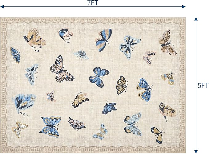 GarveeHome Butterfly Area Rug 5x7, No Slip Washable Rug, Modern Bedroom Rug Under Bed Ultra Carpet, Low-Profile Rugs for Living Room Bedroom Dining Room, Khaki