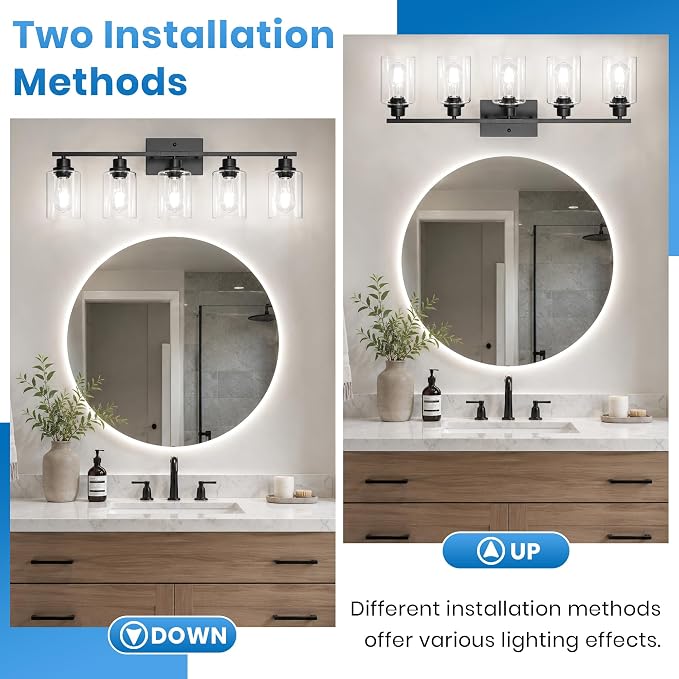 Ascher 5 Light Bathroom Light Fixture, Matte Black Bathroom Lighting Fixtures Over Mirror, Vanity Light with Clear Glass Shade, Wall Sconce for Living Room Bedroom Cabinet, E26 Base