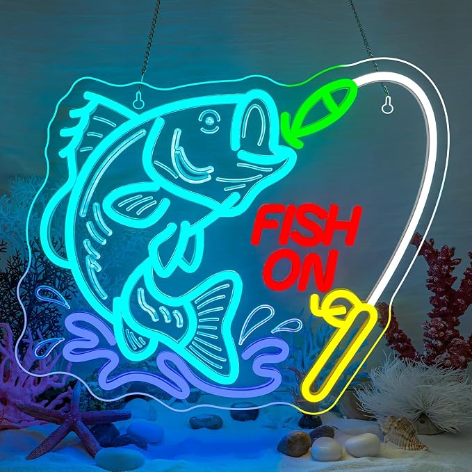Fish On Neon Sign Dimmable Fish Neon Light for Wall Decor LED USB Powered Fishing Hook Lights for Bedroom Living Room Man Cave Yacht Fishing Art Decor fot Teens Boy Men Gifts