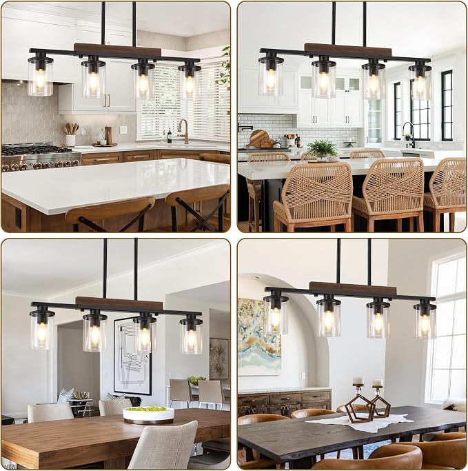 29.3" Farmhouse Dining Room Fixture Over Table, Black Chandelier | 4-Light, Modern Rustic Wood Frame, Adjustable Height, Clear Glass Shade, Ceiling Pendant Lighting for Kitchen Island