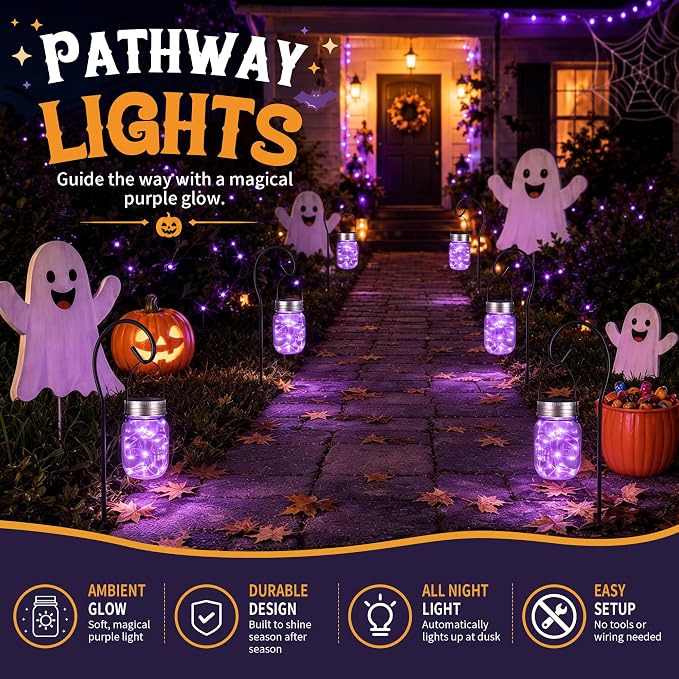 GIGALUMI Hanging Mason Jar Solar Lights 6 Pack for Halloween Decorations | Hanging Solar Lanterns Waterproof, 30 Led Hangers and Jars Included, Outdoor Decor for Porch, Pathway, Yard, Halloween Party