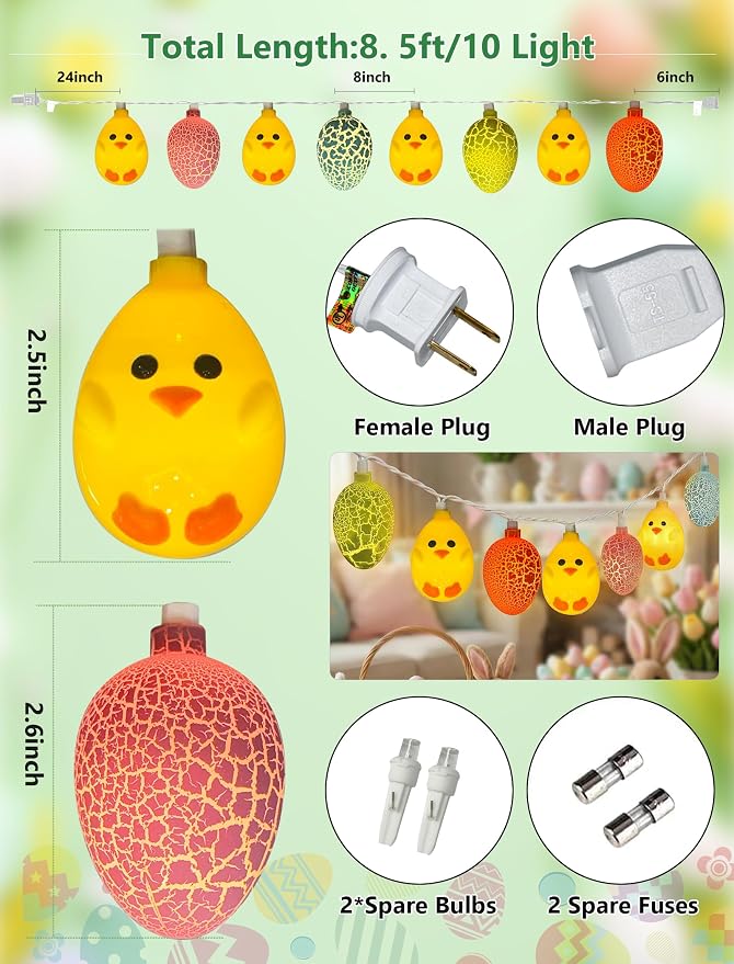 10 LED Chicks Egg Camping String Lights, 8.5Ft Easter Decoration Outdoor | Shatterproof, Plug in Multicolor Egg Lights Indoor, Connectable, Fairy Lights for Party Garden Home Summer Decor for Kids