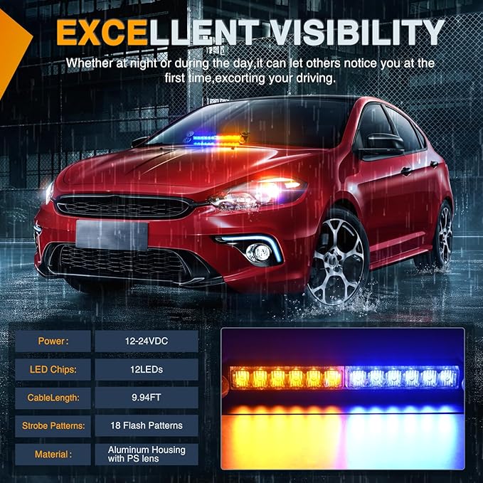 Nilight 12LED Traffic Advisor Strobe Light Bar Amber Blue Emergency Warning Hazard Safety Dash Front/Rear Windshield Flashing Lights for Cars Trucks Police Firefighter Plow Construction Vehicles